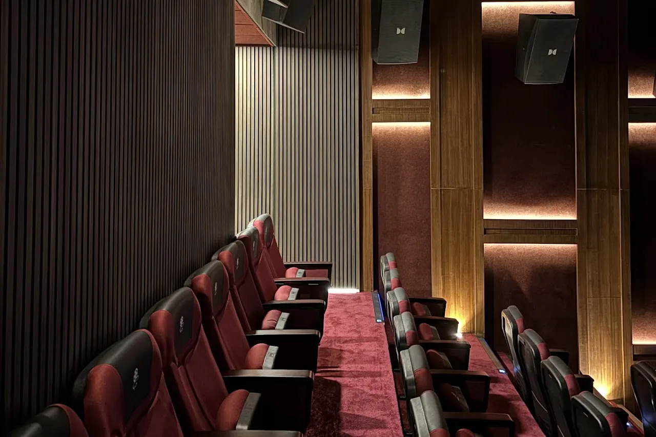 Seats along the acoustic panelling of the auditorium